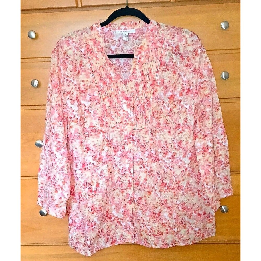 JM Collection Womens 18 Floral V-Neck Button 3/4 Sleeve Woven Pink Blouse Top